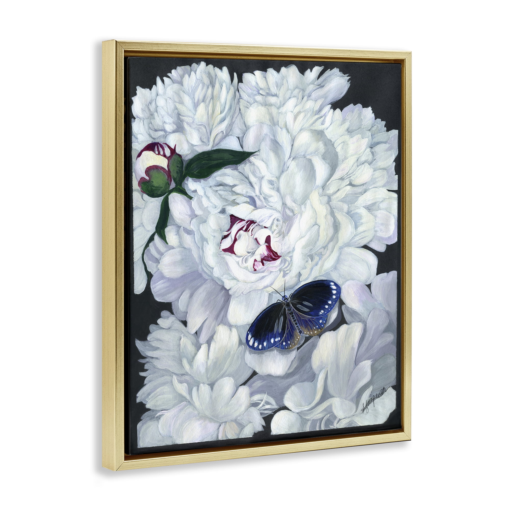 Stupell Industries Vintage Peony & Butterfly Animals & Insects Painting Gold Floater Framed Art Print Wall Art, 25 x 31