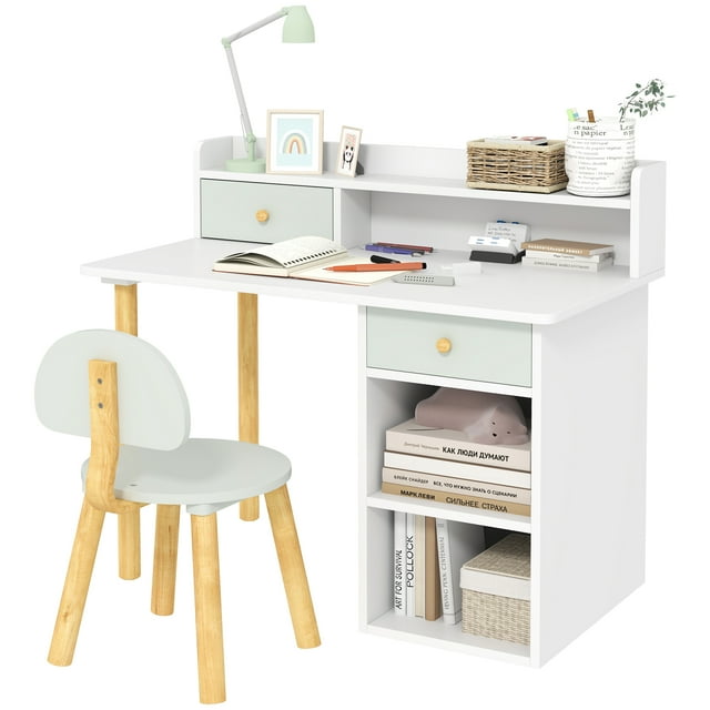 Qaba 2 Pieces Kids Desk and Chair Set with Storage and Shelves, Green