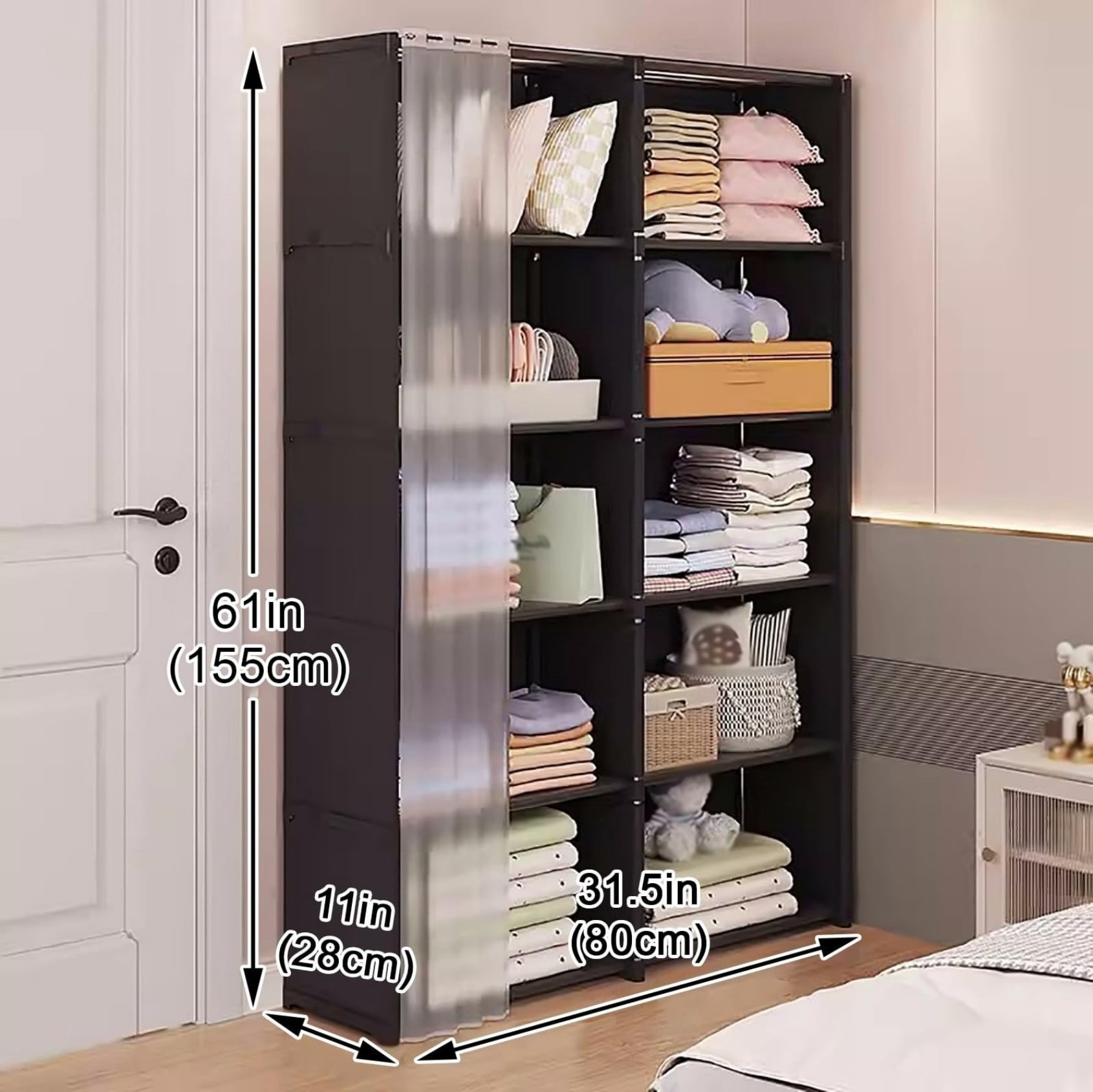 5 Tier Freestanding Bookcase with Curtain, 10 Grid Open Bookshelf Storage Organizer, Tall Display Shelf for Bedroom Living Room Office, Black