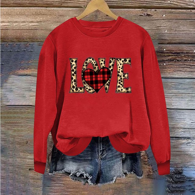 Meichang Sweatshirts à Col Rond pour Femmes, Sweatshirts de la Saint-Valentin, Imprimé Cœur d'Amour, Pull à Manches Longues, Décontracté