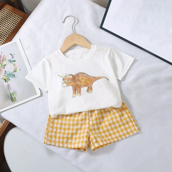 Cethrio Kids Boys' Summer Short Sets, Dinosaur Graphic 2 Piece Cotton Outfit Sets Yellow Size 4-5 T