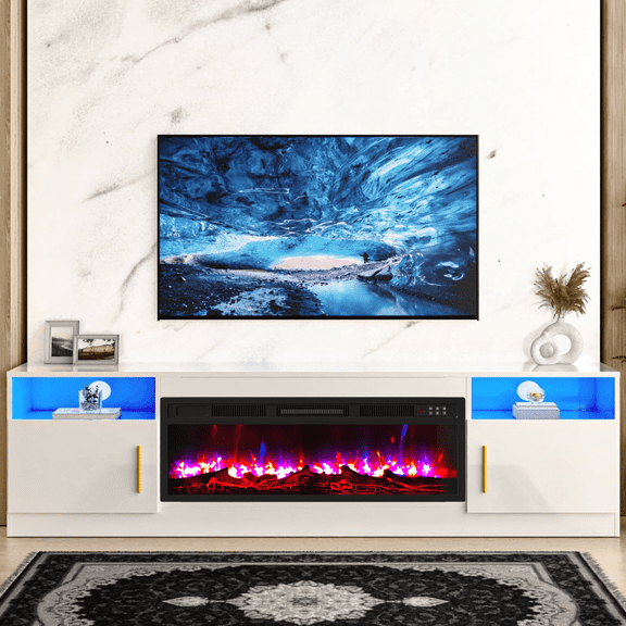 Waleaf Fireplace TV Stand with 36" Electric Fireplace Up to 80" TVs, Modern Wood Media TV Console with Highlight Cabinet, White