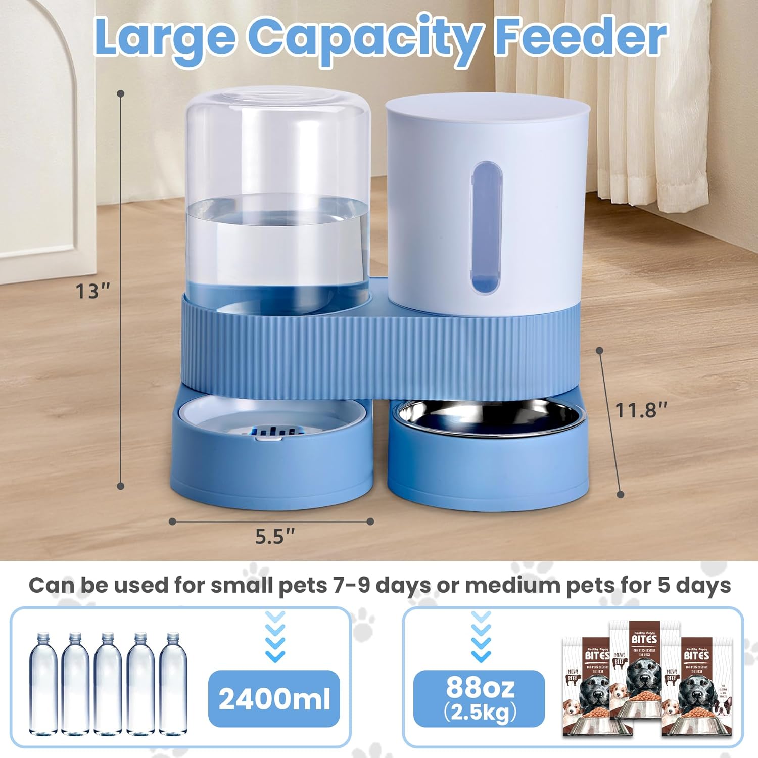 2 Pack Automatic Cat Feeder Stainless Steel Water Dispenser Gravity Food Feeder and Waterer Set with Pet Food Bowl for Small Medium Kitten Puppy Pets Large Capacity(Blue)