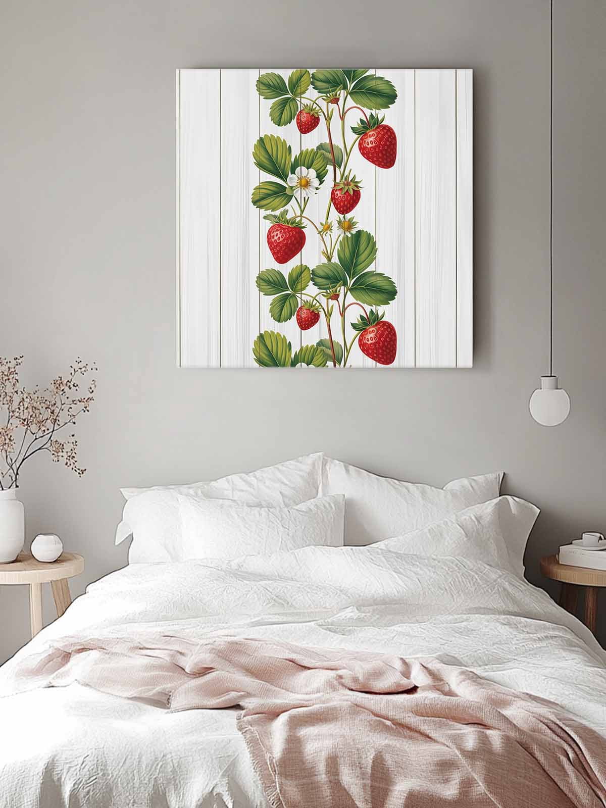 Strawberry Canvas Wall Art, Vintage Country Strawberry Leaf White Wood Grain Framed Wall Decor Modern Artwork Prints Painting for Living Room, Bedroom, Kitchen & Cafe Decor 16x16 Inch