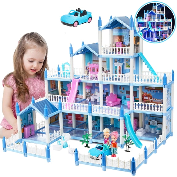 Lictin Dollhouse for Girls, 14 Rooms Pretend Play Toddler Dollhouse Playset with Colorful Lights, 2 Dolls, Furniture & Accessories, Gifts for Girls Aged 3 4 5 6 7 8 Years Old