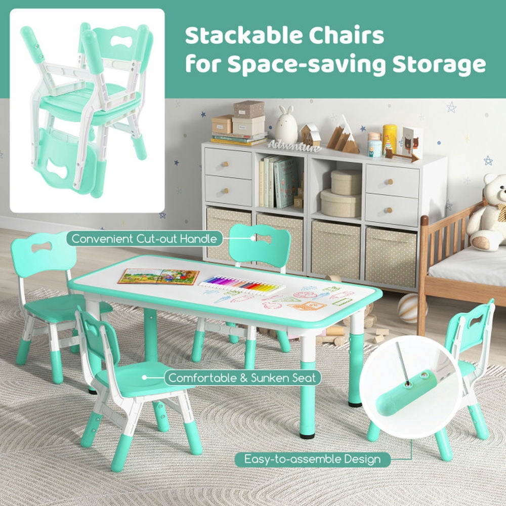 Resenkos Kids Table and Chairs Set for 4 with Graffiti Desktop-Green, Small Folding Table for Arts & Crafts, Snack Time, Homeschooling, Homework