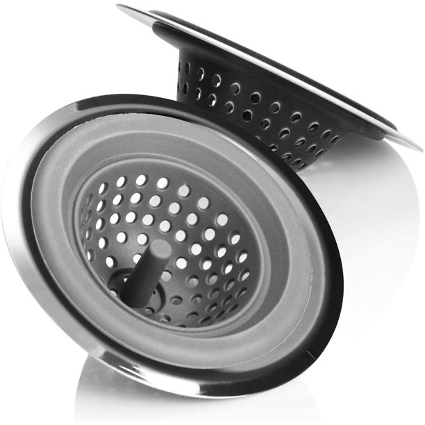 2 filtros de desagüe, para fregadero de cocina, bañera y caño, acero inoxidable y plástico, para desagües grandes. 11,5 cm (2 piezas - ¿Plástico? 11,5 cm), gris