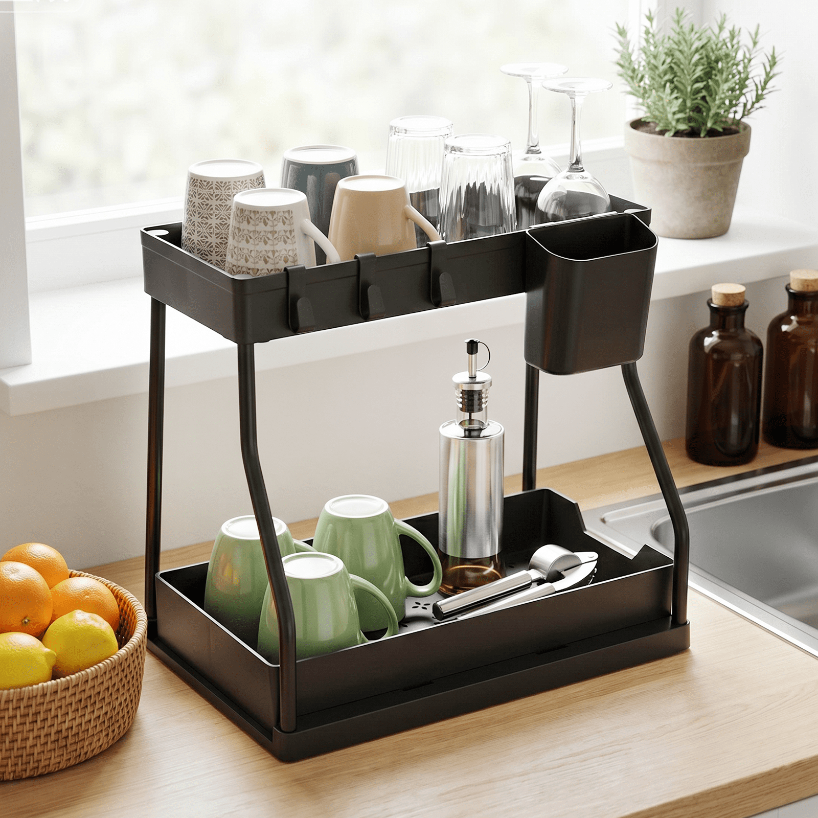 2 Pack Under Sink Organizer, 2 Tier L-Shaped Pull Out Cabinet Organizer for Kitchen and Bathroom, Space Saving Sliding Drawer Storage Rack, Durable Plastic Narrow Space Shelves, Black
