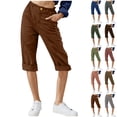 thumbnail image 2 of Yuanlook Women's Casual Rolled Hem Capri Pants, Elastic Waist with Front Button & Side Pockets, S-XXXL, 2 of 5