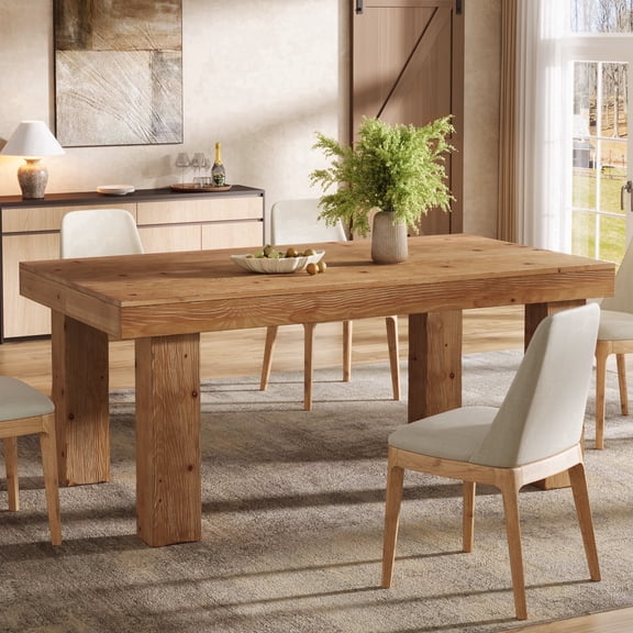 Finmind Solid Wood Dining Table for 4-6, Farmhouse Wood Long Rectangle Kitchen Table, Brown