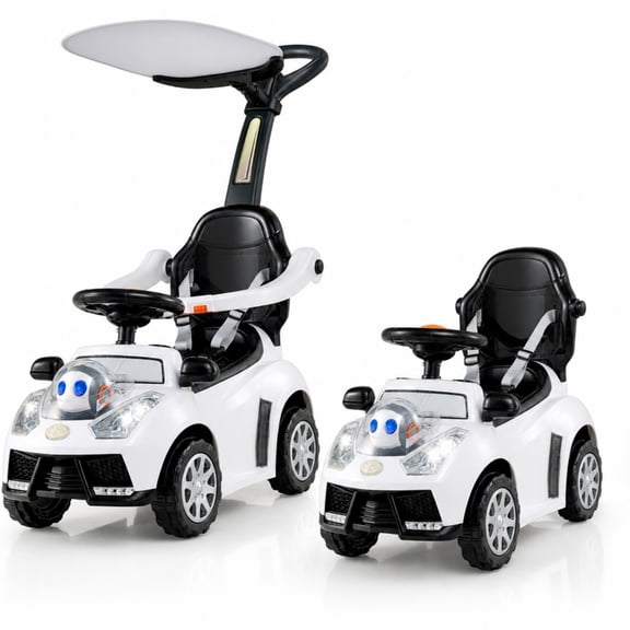 ELLEGNT 3 in 1 Toddler Push Car Ride On Toy with Canopy Parent Handle Horn, White