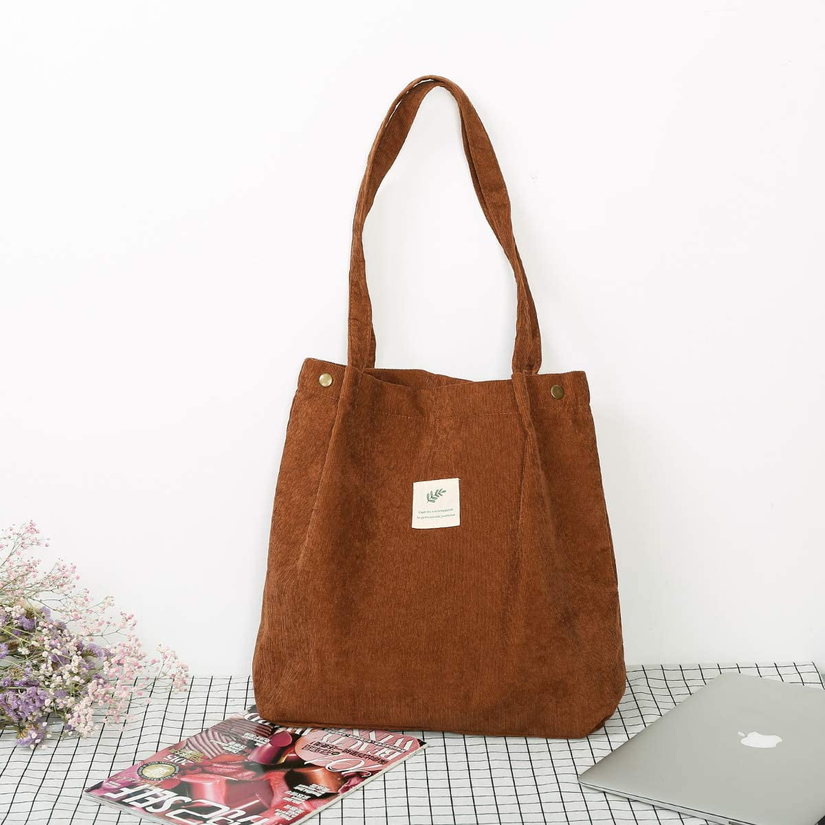 Gophra Corduroy Tote Bag for Women Girls Kids Shoulder Bag with Inner Pocket for Work Beach Lunch Travel and Shopping Grocery Brown