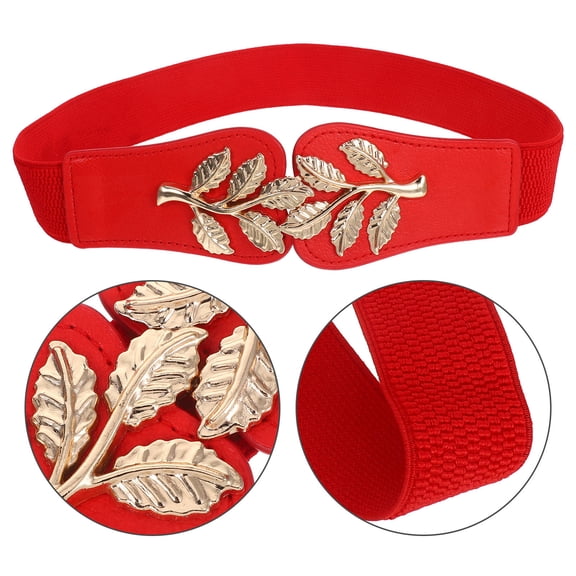 OFFIGAM Red Wide Elastic Belt for Women with Stylish Leaf Buckle, PU Nylon, 3 Inch Wide, Comfortable Fit for Everyday Use