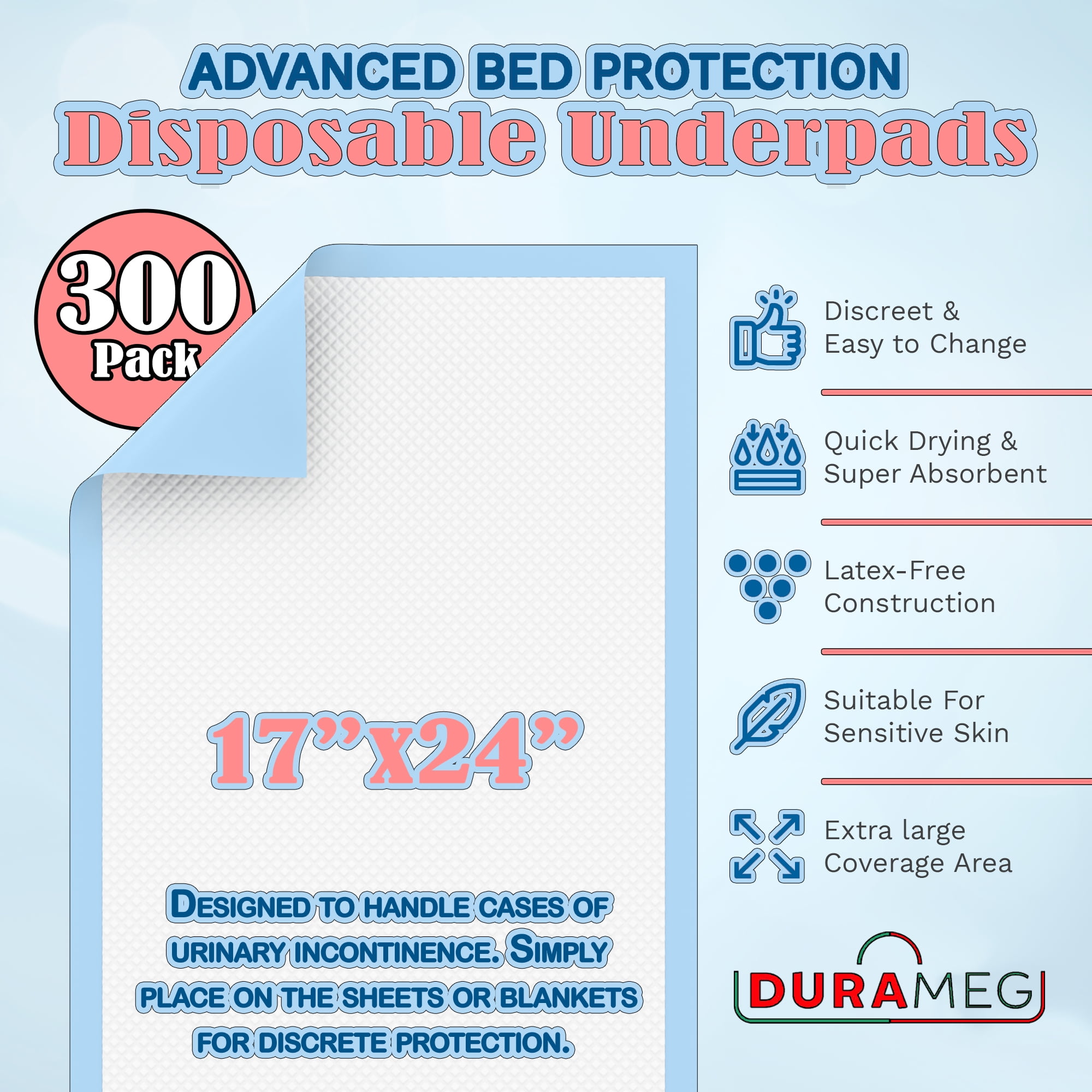 Disposable Underpads 17”x24” [300-Pads] Moderate Absorbency Chux Incontinence Bed Pads, Quilted Fluff, Large (Packed 3 x 100 Per Case)