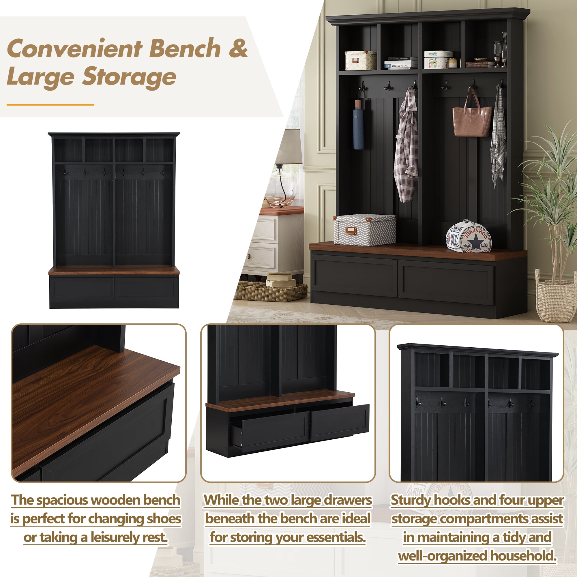 T-Foyer Farmhouse Black Hall Tree with 6 Hooks & Bench, Wooden Rustic Entryway Organizer with Open Storage & 2 Drawers