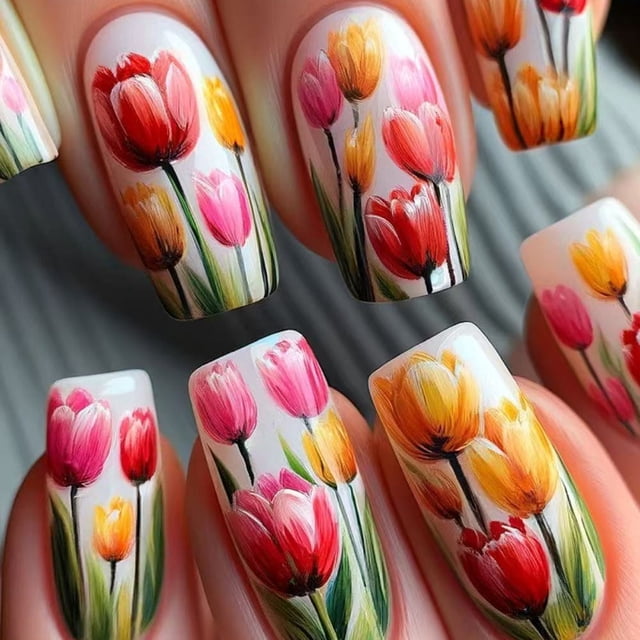 Uñas postizas, regalos para mujeres, tulipanes románticos coloridos, pintura de grafiti, uñas con acabado blanco lechoso, pegatinas para uñas postizas, parche para uñas