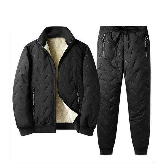 Men’s Two Piece Quilted Tracksuit Set with Full Zip Stand Collar Jacket and Elastic Waist Drawstring Pants for Winter