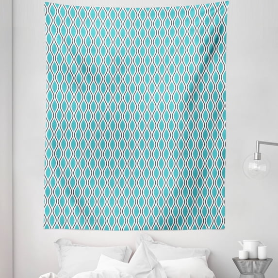 Abstract Tapestry, Vertical Wavy Lines Oval Double S Shapes Curves Ogee Pattern, Fabric Wall Hanging Decor for Bedroom Living Room Dorm, 5 Sizes, Charcoal Grey Turquoise, by Ambesonne