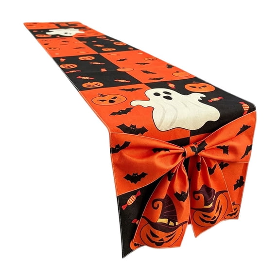 Hvmvliv 12x71 Inch Halloween Table Runner with Large Bow Decoration for Hallows Eve Holiday Kitchen Dining Table Party Decor Multicolor