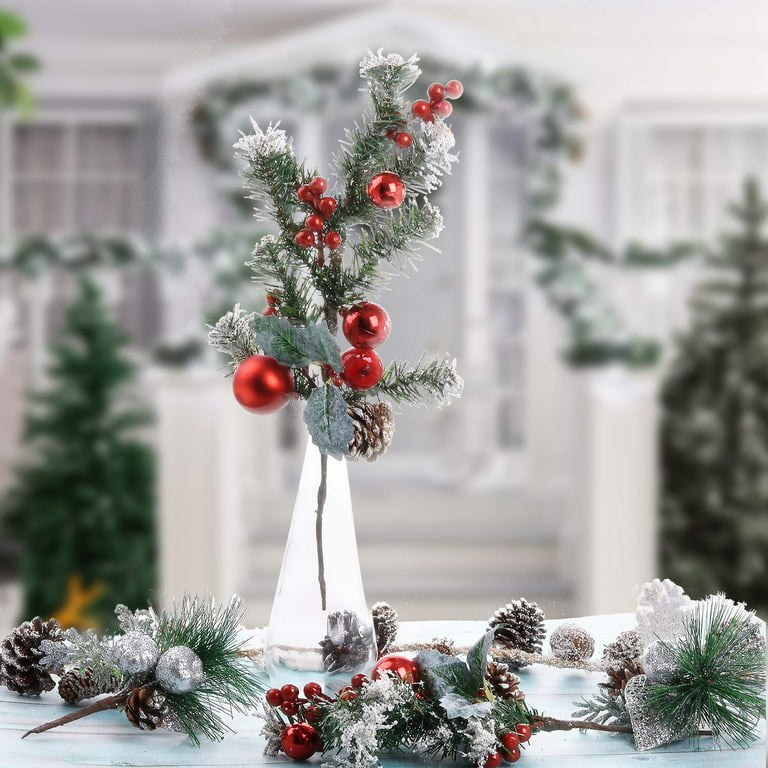 Simulation Christmas Pine Picks Stems Artificial Pine Sticks Red Berry  Stems Christmas Tree Decorations DIY Home