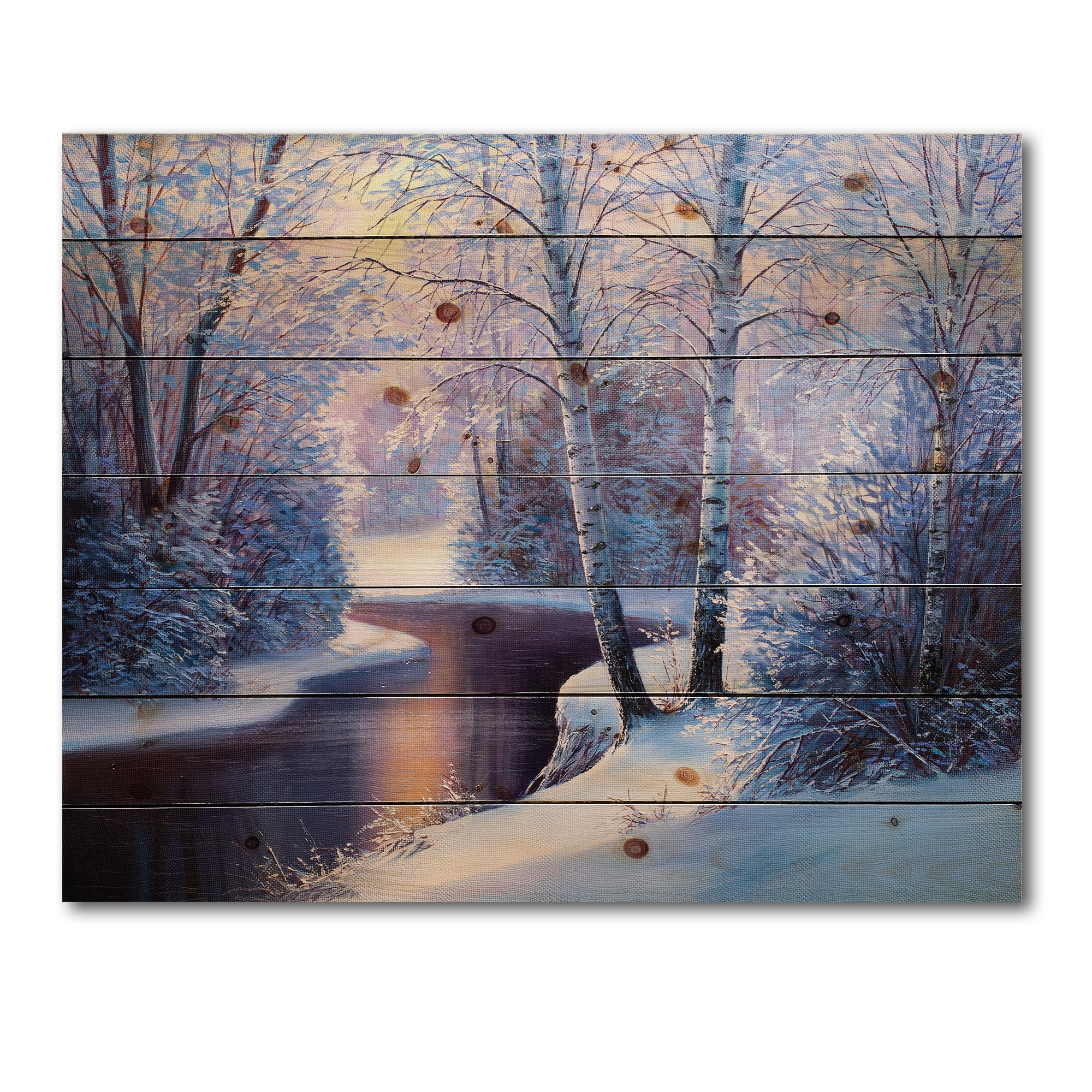 Designart 'Christmas Forest With Trees and River I' Traditional Print on Natural Pine Wood