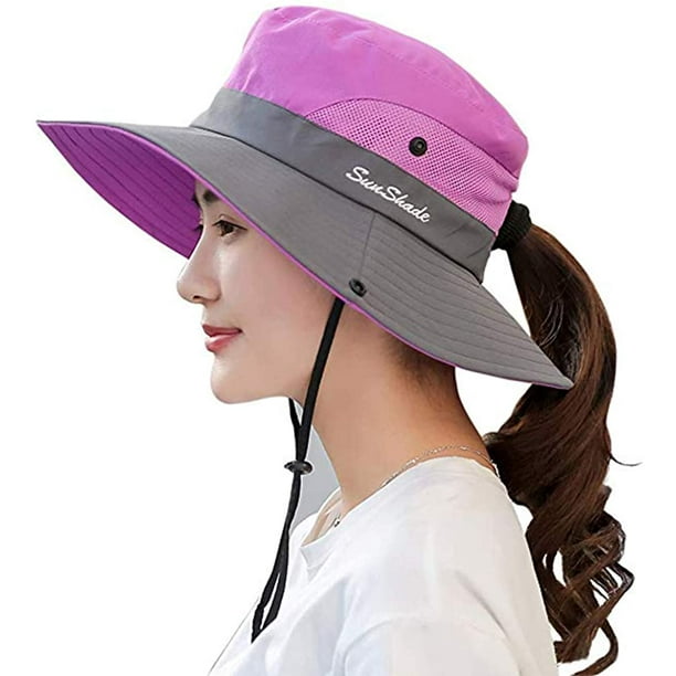 Yiailnter Ponytail Women's Summer Sun Bucket Hats Uv Protection Safari Hiking Wide Brim Beach Foldable Mesh Fishing Cap Purple