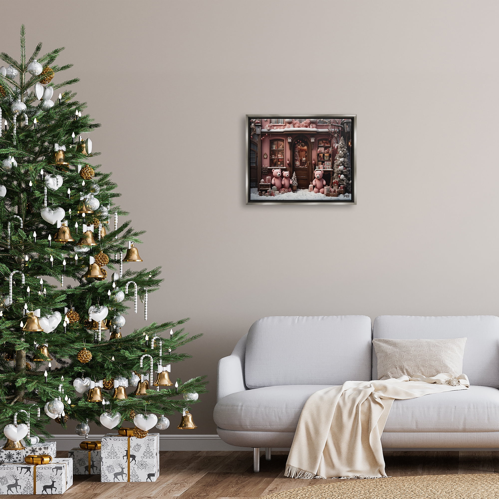 Stupell Industries Christmas Shop with Bears Holiday Painting Gray Floater Framed Canvas Art Print Wall Art, 21 x 17