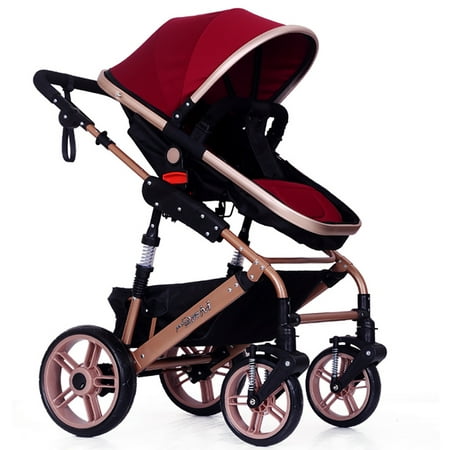 High View Baby Stroller Foldable Travel Pram Convertible Baby Carriage with Multi-Positon Reclining Seat Extended Canopy Newborn Infant Toddler Pushchair (Best Pram For Newborn 2019)