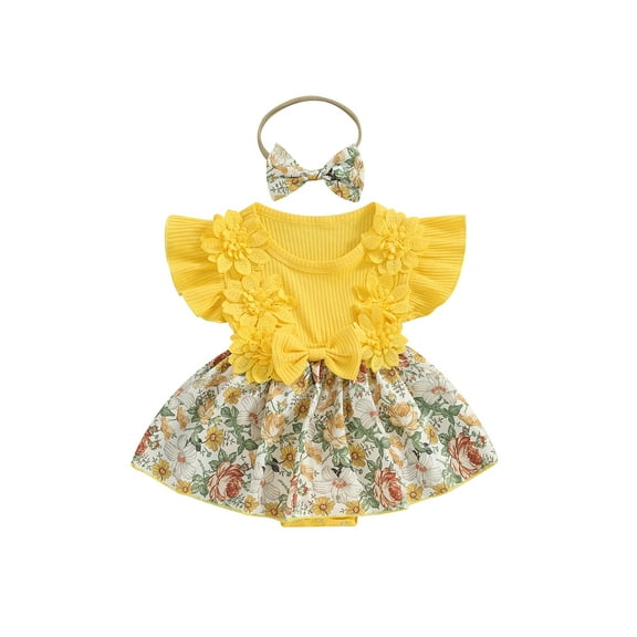 Bagilaanoe Newborn Baby Girl Summer Rompers Dress Floral Print Sleeveless Bodysuits Headband 3M 6M 12M 18M 24M Infant Patchwork A-line Dresses