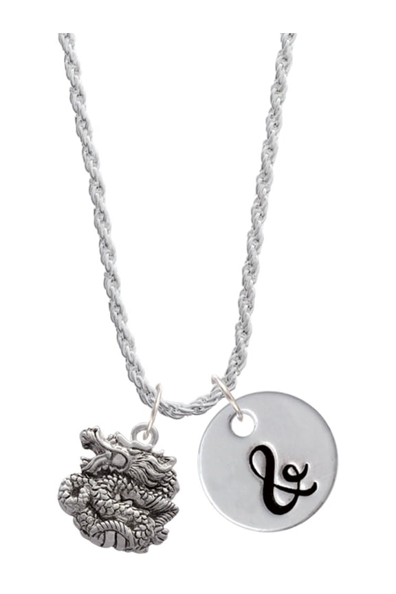 Silvertone Chinese Dragon Silvertone Script Initial Disc - & - Charm Necklace, 20"+3"