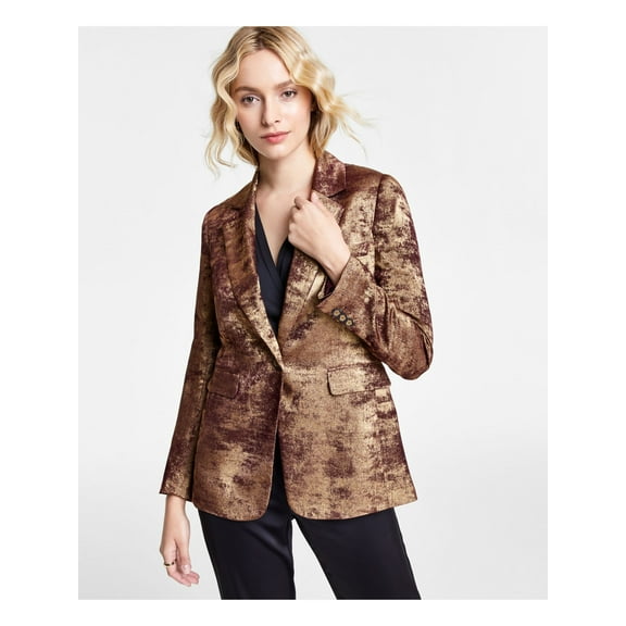 BAR III Womens Gold Metallic Pocketed Vented Lined Printed Wear To Work Blazer Jacket 10