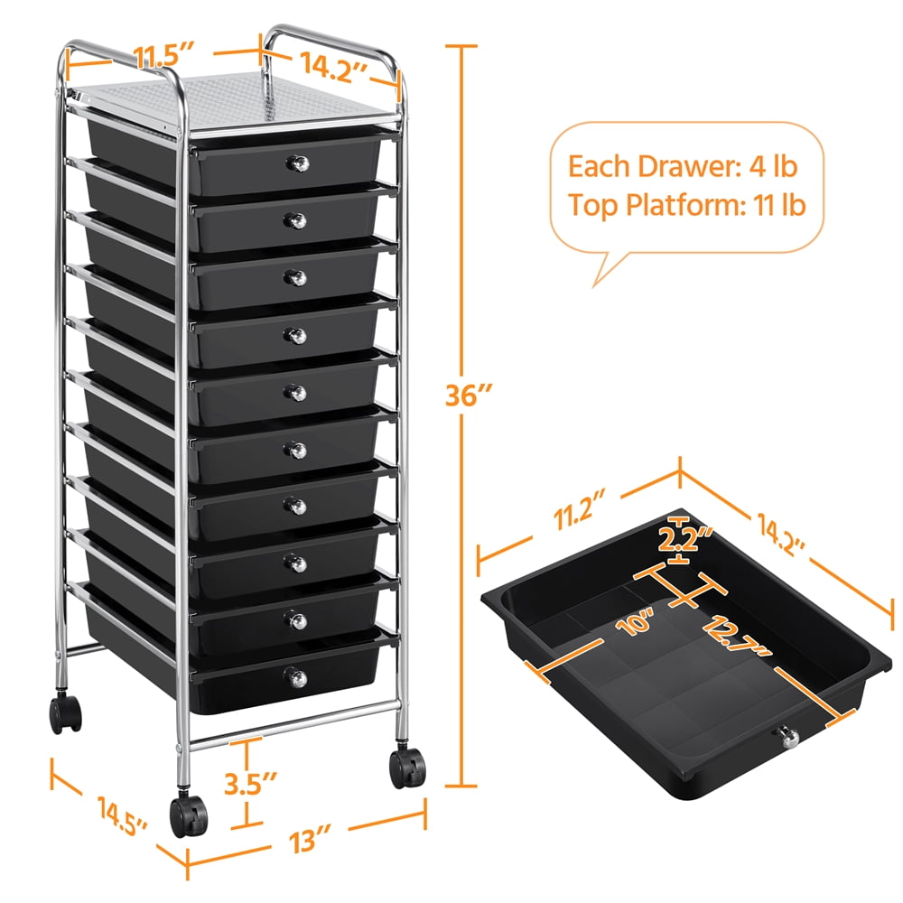 Alden Design 10 Drawer Rolling Storage Cart Organizer with Lockable Wheels, Black
