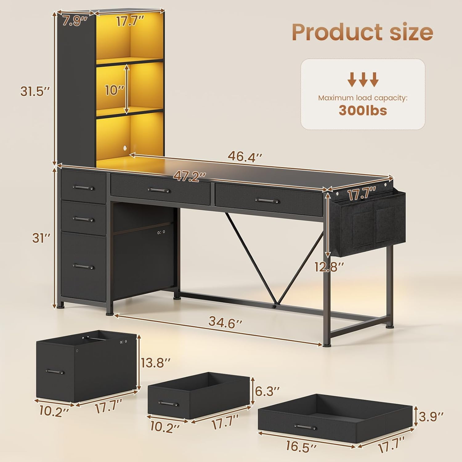 47" Home Office Desk with Bookcase & Storage Bag, Reversible Computer Desk with 5 Drawers and 3-Tier Bookshelves, Gaming Desk with Storage and Led Lights for Small Space, Black
