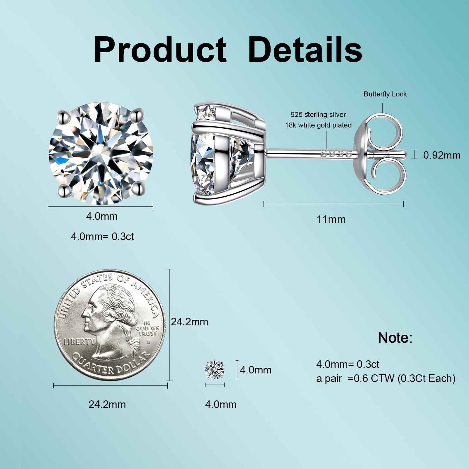 Moissanite Stud Earrings for Women, Round Cut D Color VVS1 Clarity Lab Created Men Moissanite Earrings Studs S925 Sterling Silver Jewelry (Silver, 0.6 CTW (0.3 Ct Each))