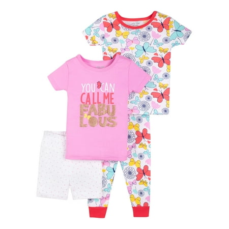 Organic Baby Girl 100% Organic Cotton Short Sleeve Tight Fit Pajamas, 4pc Set (Baby Girls and Toddler Girls) ()