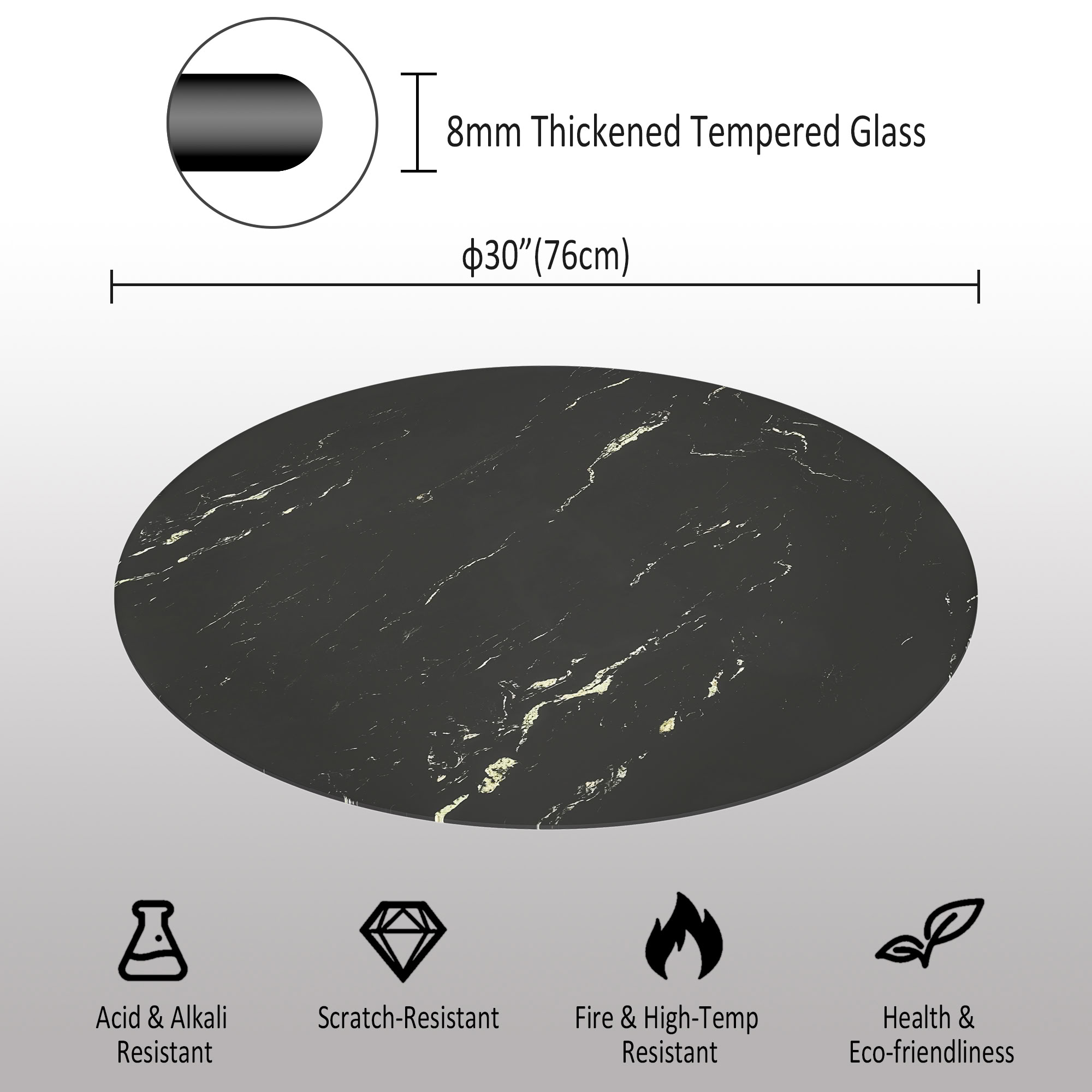 MAYEERTY 30in Round Tempered Glass Table Top, 0.31in Thick Black Gold Vein Marble Print DIY Replacement Table Cover, Heat Scratch Proof Desktop for Small Side Coffee Patio Bistro Table