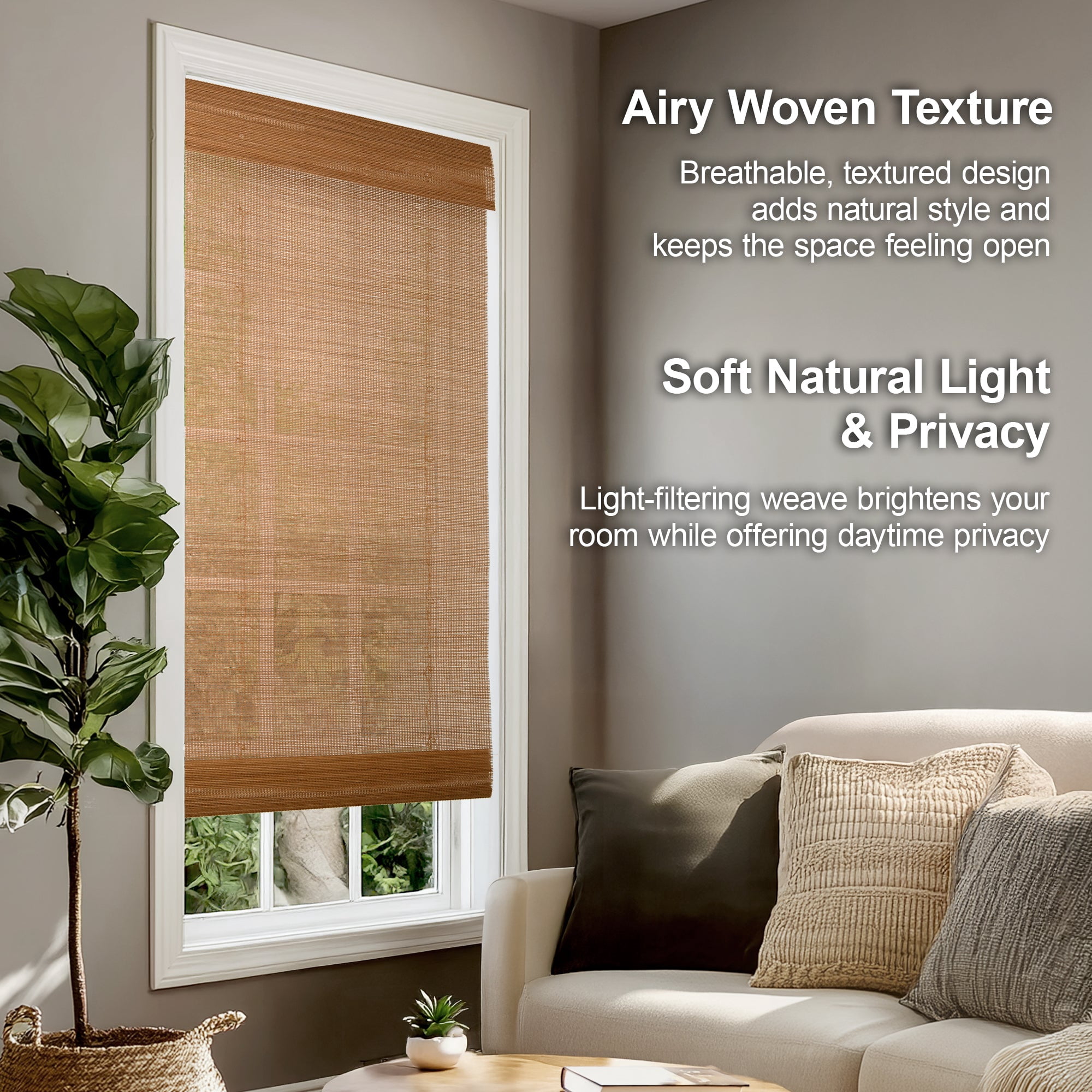 Chicology 31"W x 36"H Light-Filtering Cordless Mesh Bamboo Shade, Mesh Natural