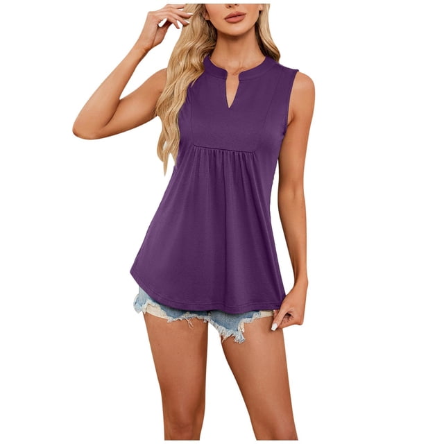 AherBiu Womens Tops Dressy Casual Sleeveless Notch V Neck Ruched Ruffle Tank Tops for Women Tunic Blouse