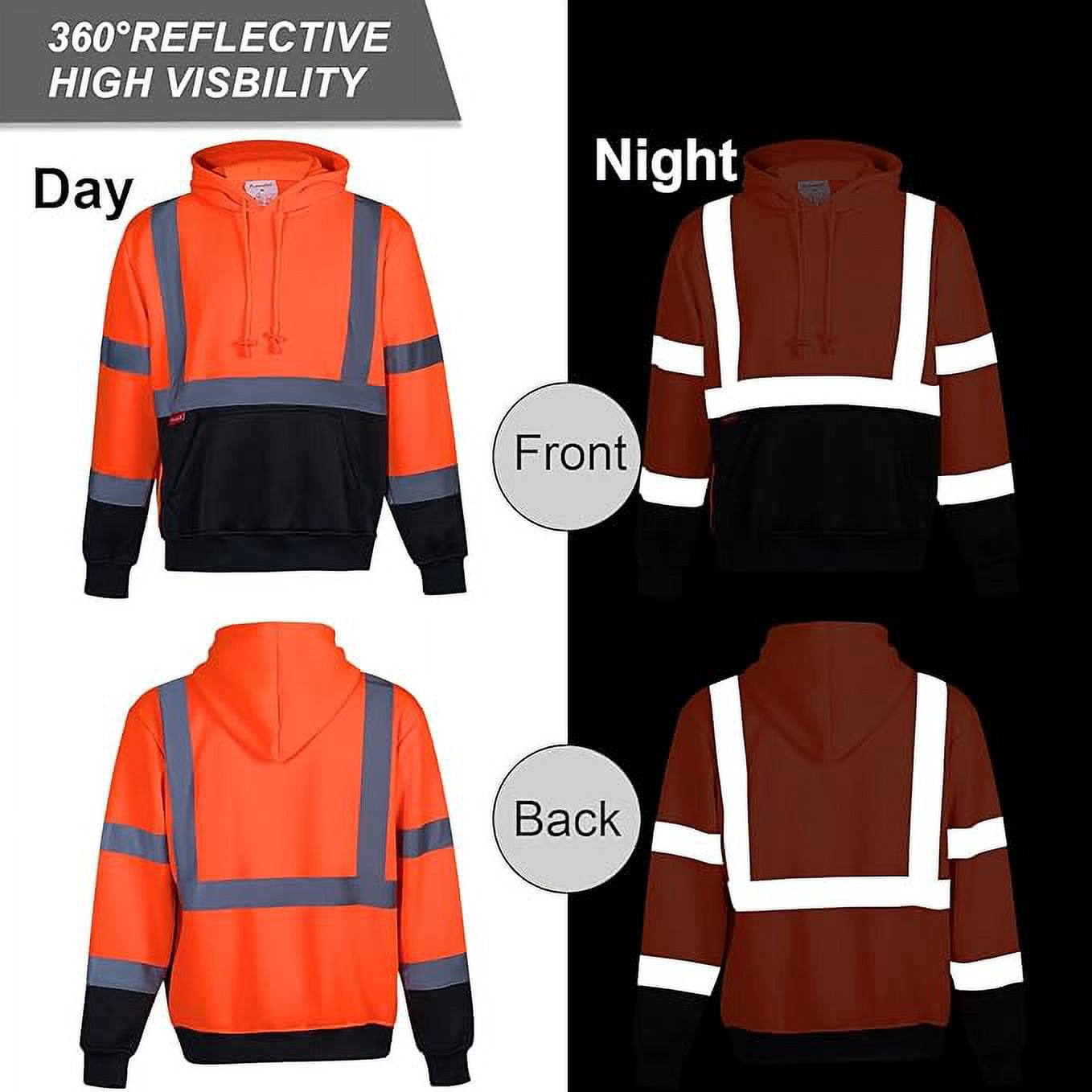 ProtectX Hi Vis Safety Hoodie for Men Women, Class 3 Reflective High Visibility Sweatshirt with Large Pocket, Long Sleeve Hooded Drawstring Pullover for Work & Construction, Orange, Medium