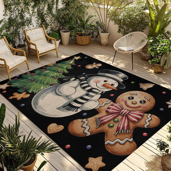 Black Christmas Outdoor Rug for Patio/Deck/Porch, Non-Slip Large Area Rug 5 x 7 Ft, Xmas Tree Gingerbread Snowman Winter Indoor Outdoor Rugs Washable Area Rugs, Reversible Camping Rug Carpet Runner