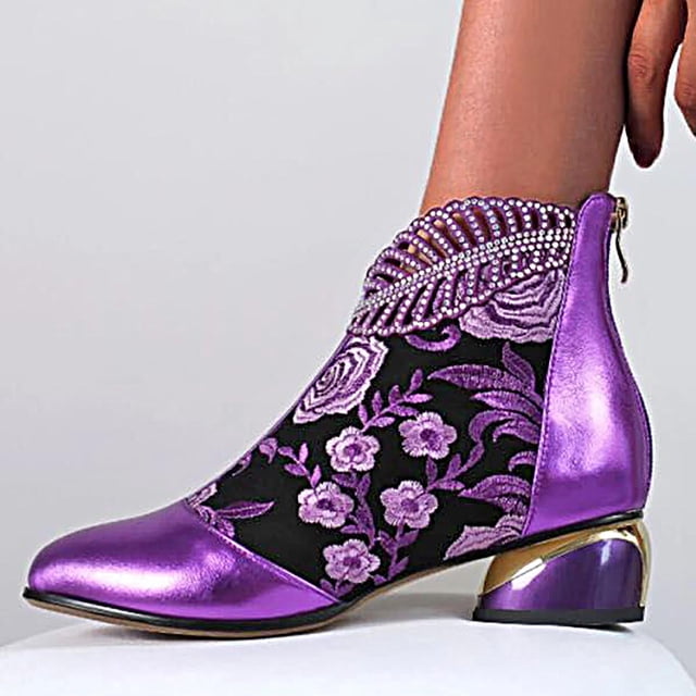 EGNMCR Ankle Boots for Women Women Retro Embroidered Rhinestone Thick Heel Shoes Plus Size