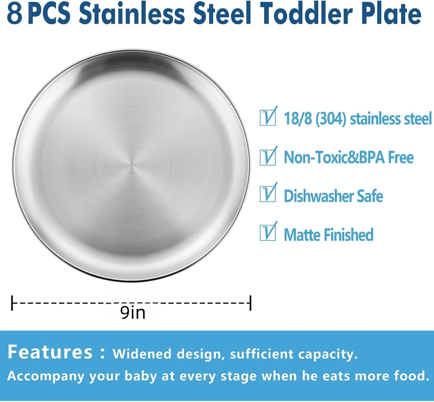 KAMUGO Stainless Steel Plates 9 inch 304 Metal ,Dinner Plate Sets for Kitchen ,Camping Plates 8Pcs for Picnic, Outdoor Party