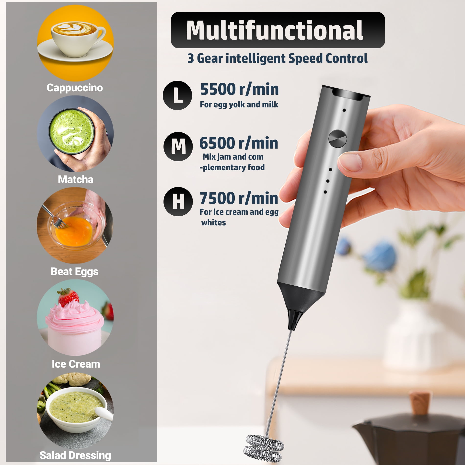 Milk Frother Handheld, Type C Rechargeable Electric Whisk Coffee Frother Mixer for Coffee, 3 mixing Speeds Mini Milk Foamer Drink Mixer with 2 Whisks for Coffee Matcha Frappe Latte Cappuccino