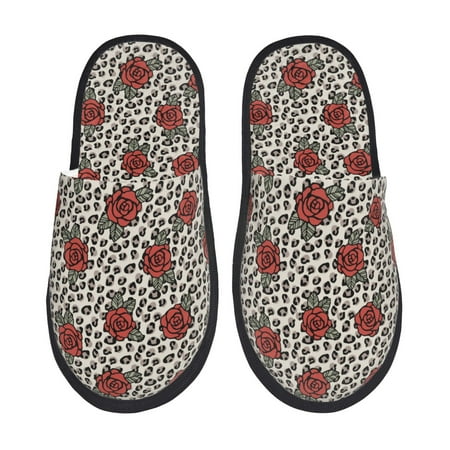 Balery Leopard Print Rose Slient Indoor Furry Fleece Comfort House Shoes Soft Non-Slip Home Shoes Cotton slippers House Slippers-- Large