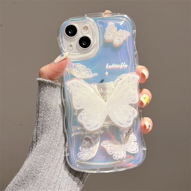 Funda suave con soporte de mariposa láser 3D para iPhone 13, 12, 11, 14 Pro, X, XR, XS, MAX Plus + cubierta trasera con borde ondulado Fivean unisex