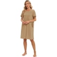 thumbnail image 2 of Women's Short Sleeves Sleepwear Nightshirt Stitching Contrast Nightgown Soft Pullover Nightdress Loungewear with Pockets,Khaki S-2XL, 2 of 7