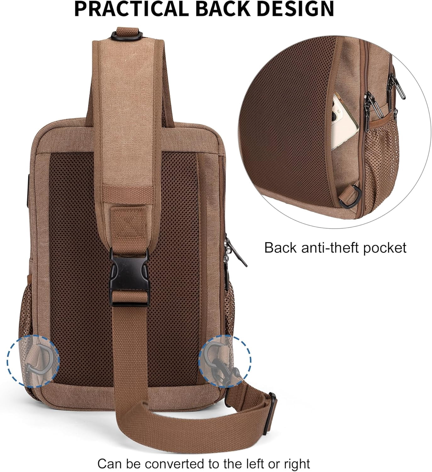 WITZMAN Sling Bag for Men Canvas Large Chest Bags Crossbody Bag with USB Charging Port for Travel Daily Work(A8019 Brown)