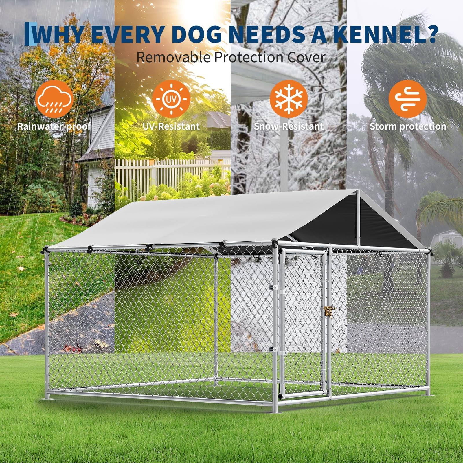 Heavy-Duty Outdoor Dog Kennel & Pet Playpen - Galvanized Steel, Waterproof Roof, 4 Ground Anchors - for Large Dogs, Backyard, Farm 7.5×7.5×5.5FT