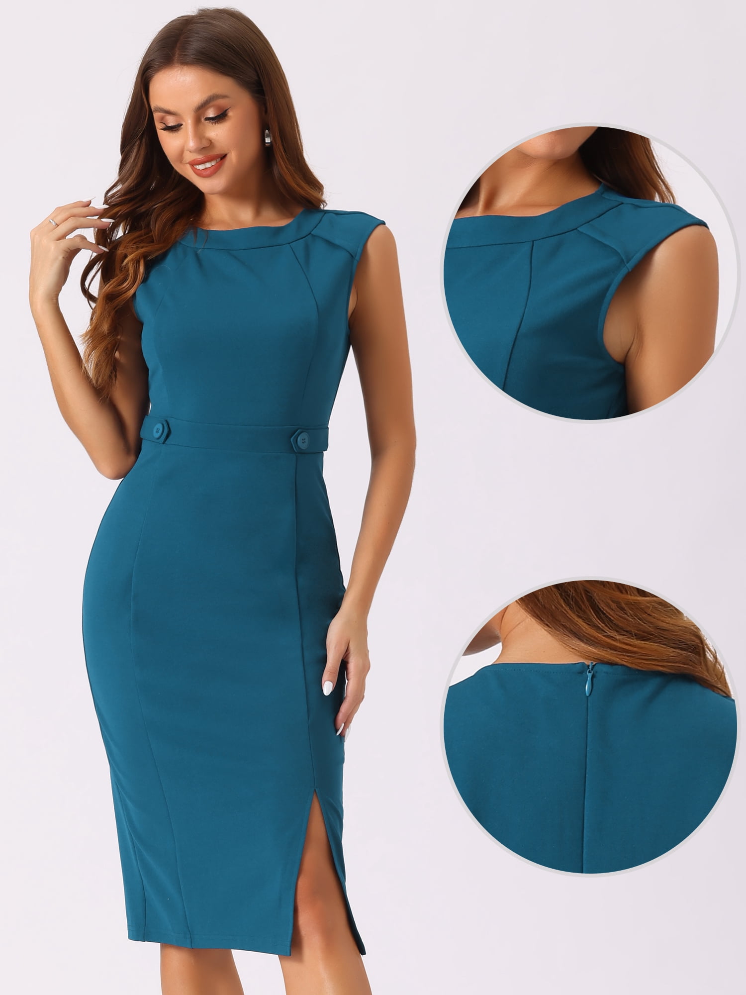 DARING DIVA Slim Fit Sleeveless Work Dress S Peacock Blue
