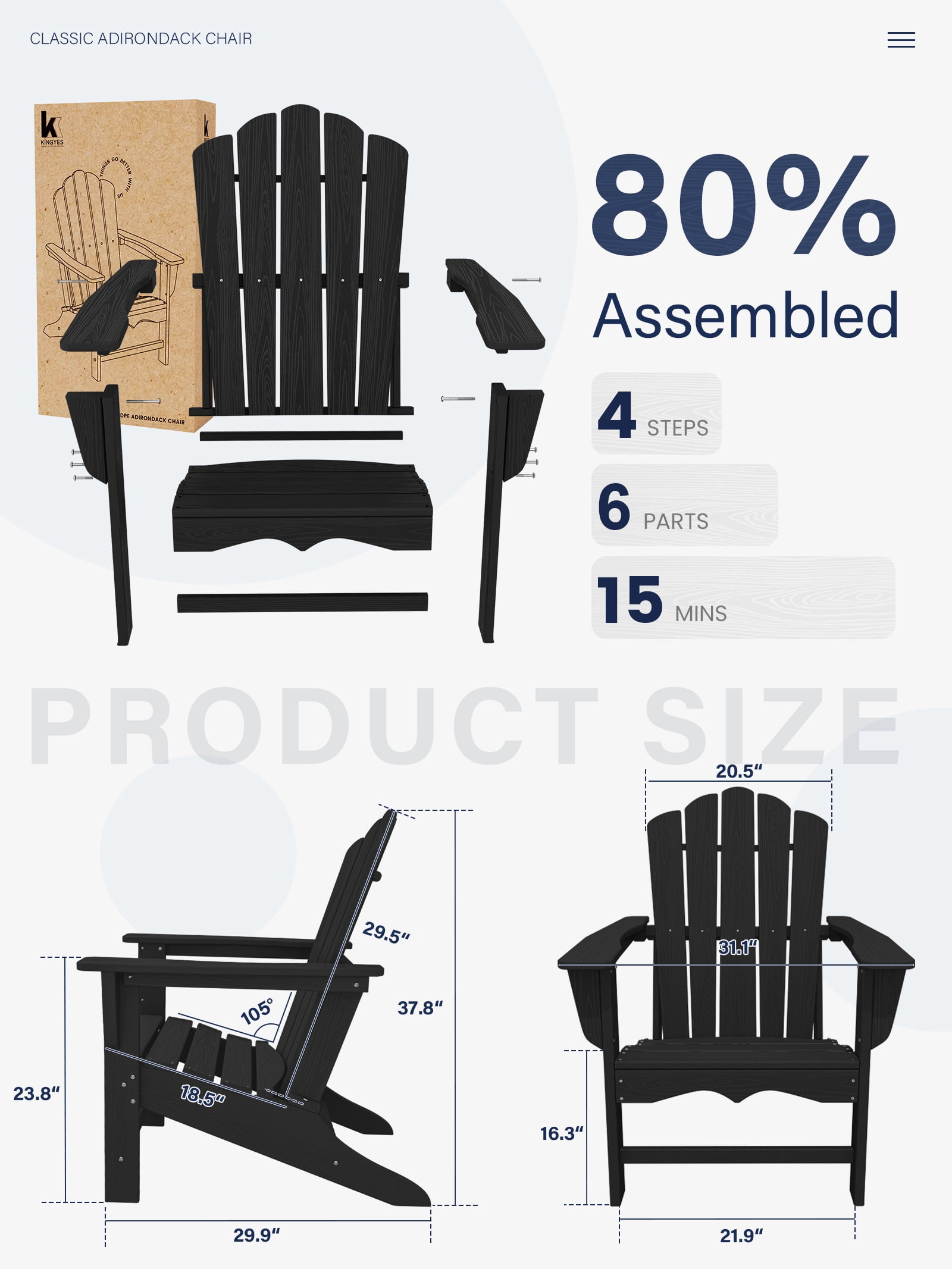 KINGYES HDPE Adirondack Chair, All-Weather Outdoor Fire Pit Chairs for Patio Deck Lawn, Black